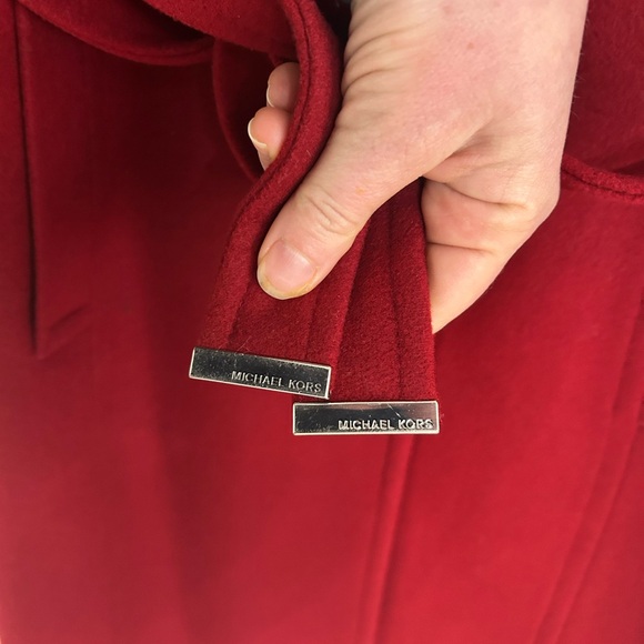 Michael Kors Women Large Red Wool/cashmere Blend Pea Coat Belted Jacket Trench - Picture 7 of 13